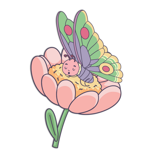 Cartoon butterfly on a pink flower with a white background