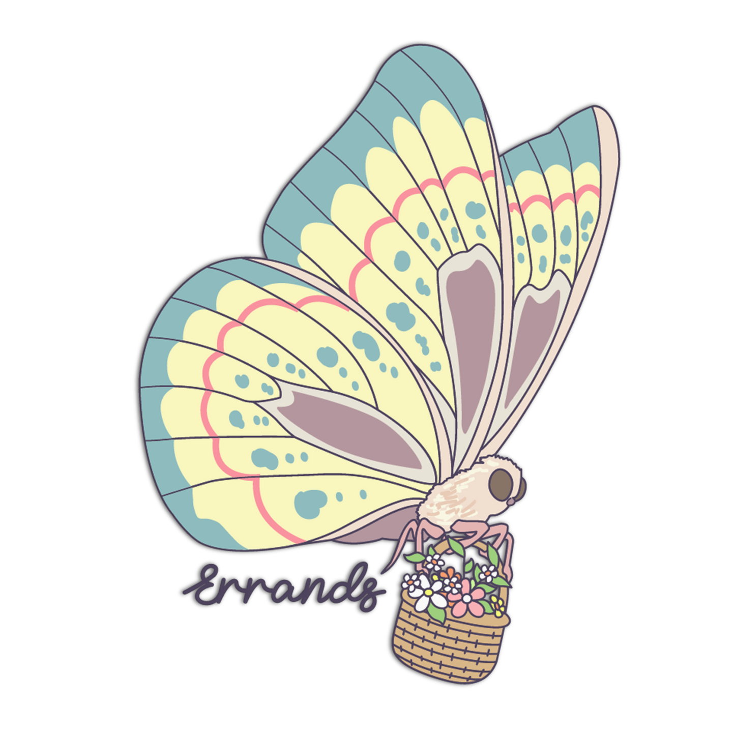 Butterfly-shaped hot air balloon with a basket of flowers on a white background, featuring the brand 'Errands'.