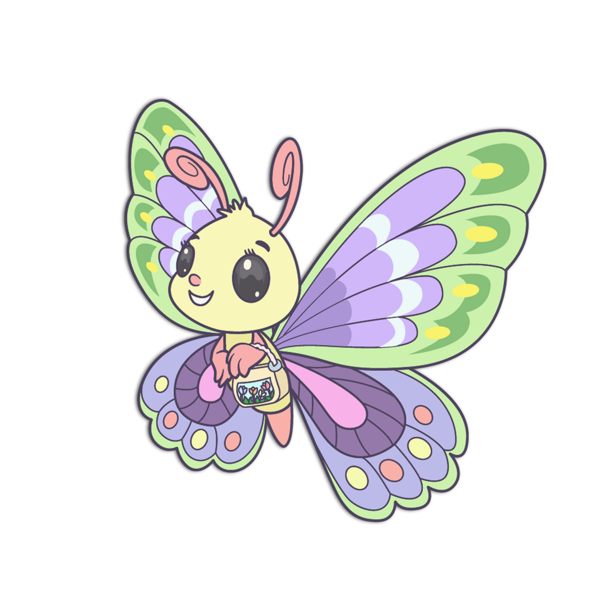 Cartoon butterfly character with colorful wings on a white background