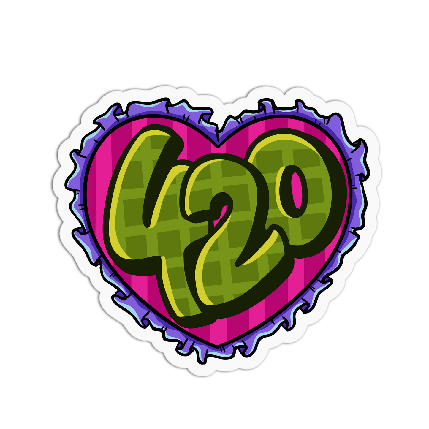 Heart-shaped sticker with '420' in green on a pink and purple striped background