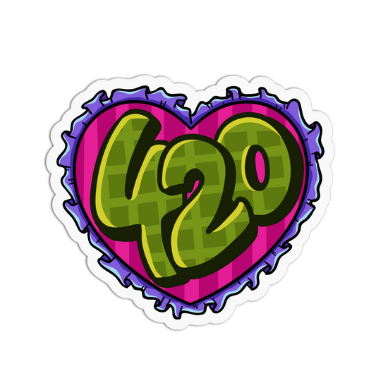 Heart-shaped sticker with '420' in green on a pink and purple striped background
