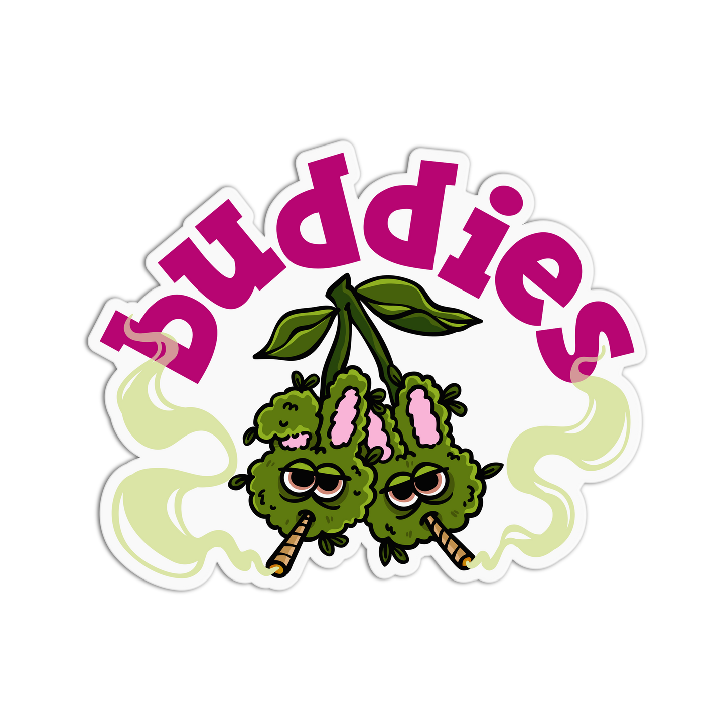 Sticker with cartoon characters and the word 'Buddies' on a white background