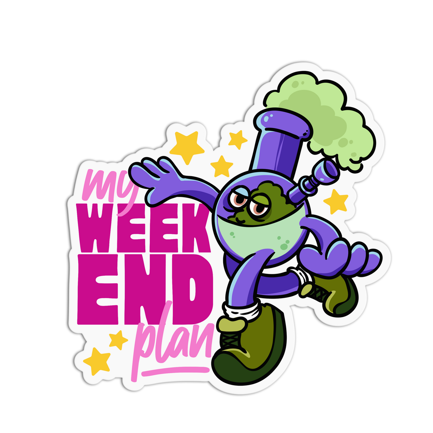 Cartoon character with a pipe and 'My Weekend Plan' text on a white background