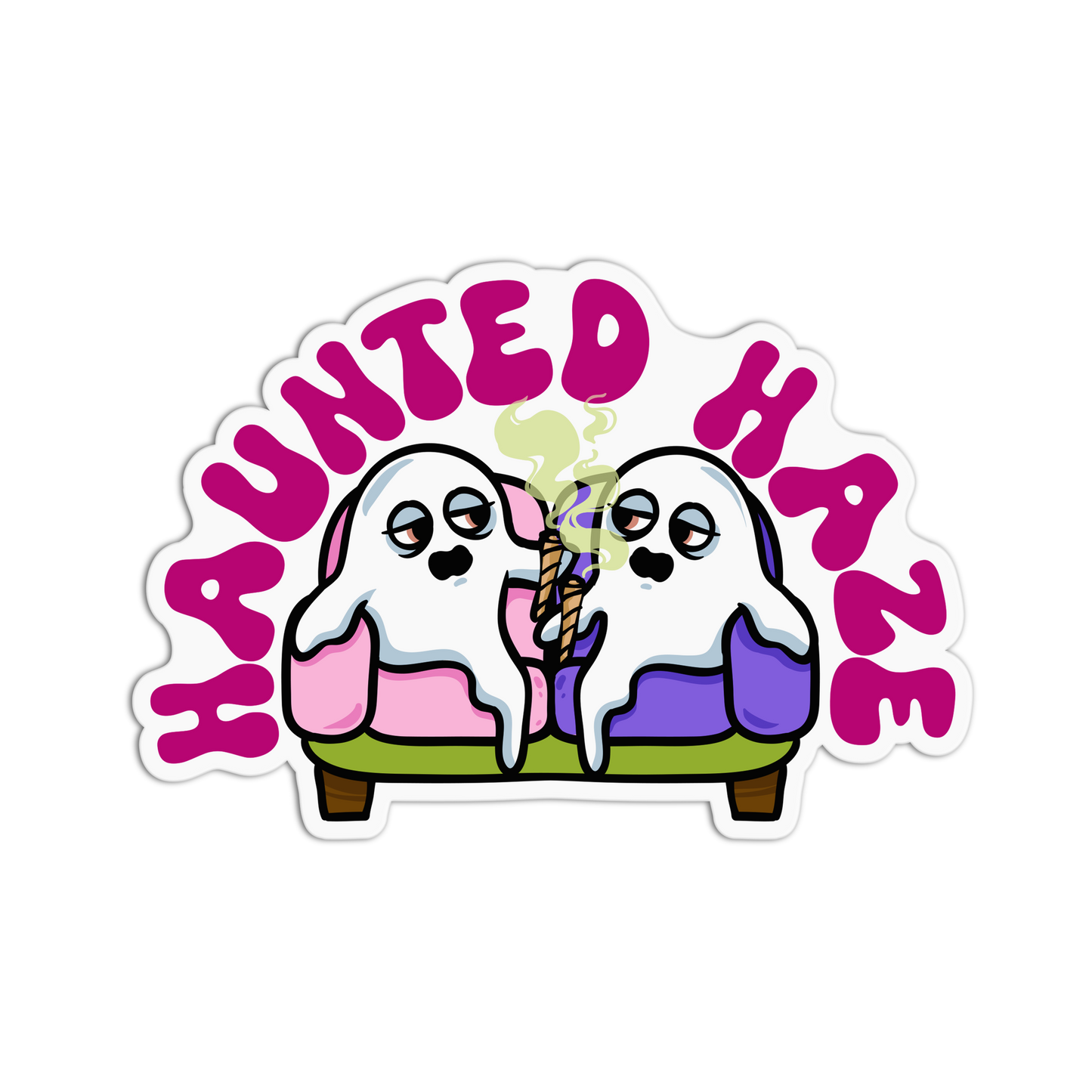 Cartoon ghosts with 'Haunted Haze' text on a white background