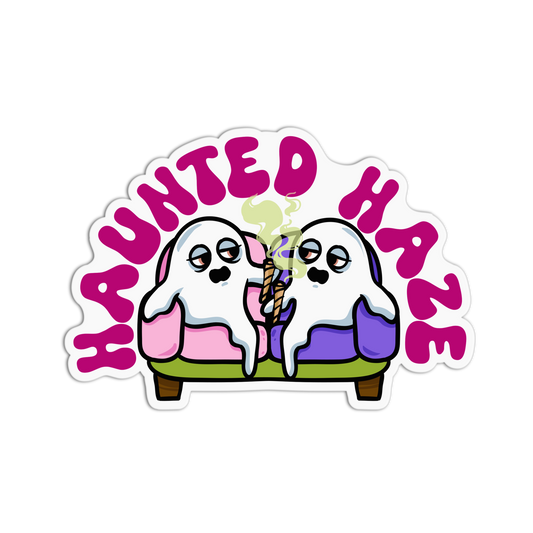 Cartoon ghosts with 'Haunted Haze' text on a white background