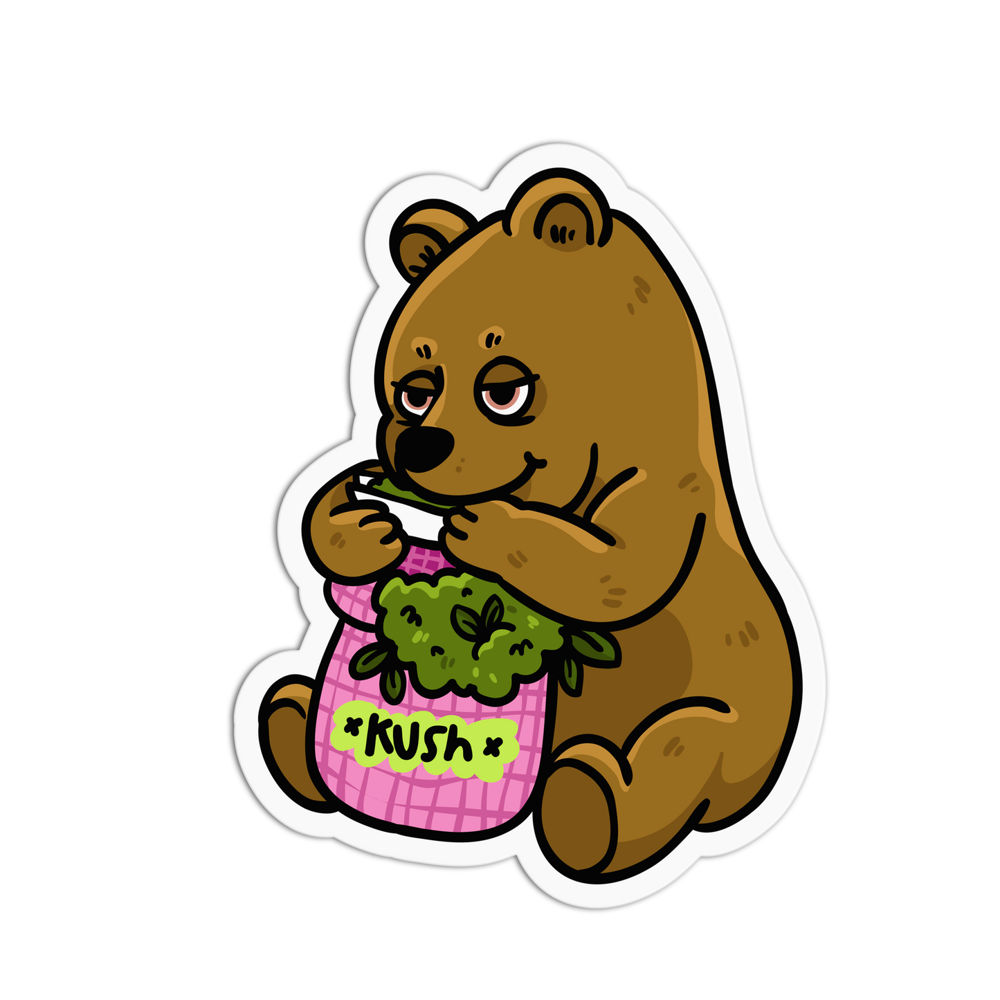 Cartoon bear holding a pink bag labeled 'Kush' on a white background