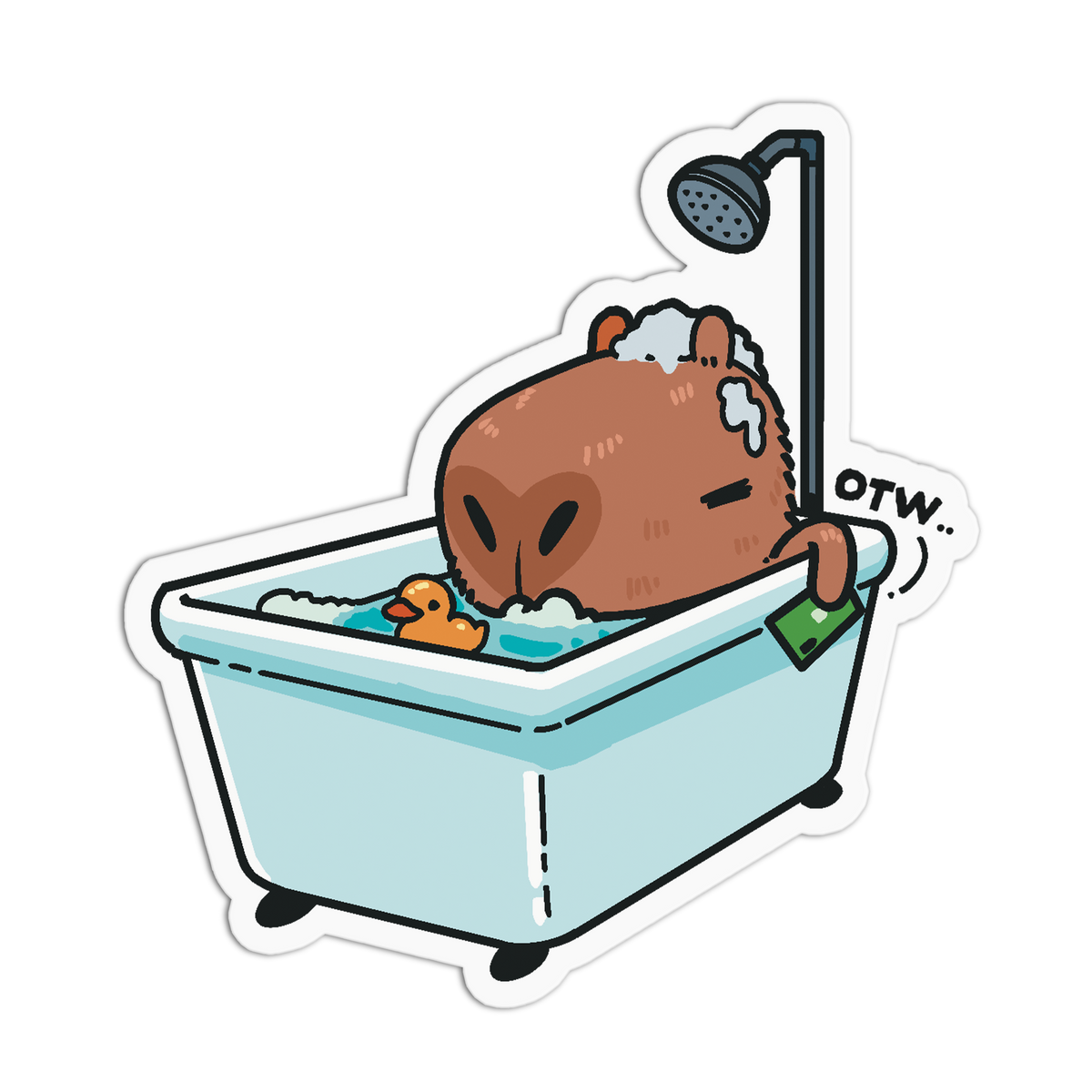 A die-cut cartoon sticker showing a brown capybara sitting in a light blue bathtub with bubbles, a showerhead above, a small yellow rubber duck, and a green towel. The sticker has a white outline and is shown on a plain white background.