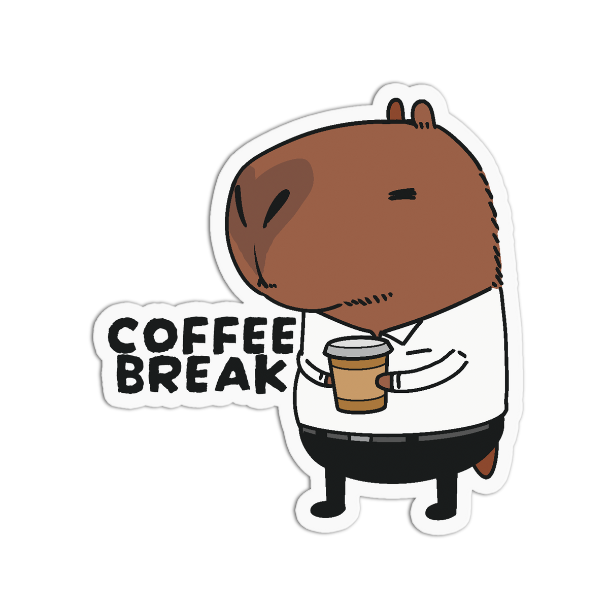 A die-cut sticker featuring a cartoon capybara wearing a white collared shirt and black pants, holding a coffee cup, with the words 'COFFEE BREAK' in bold black letters on the left, shown on a plain white background.