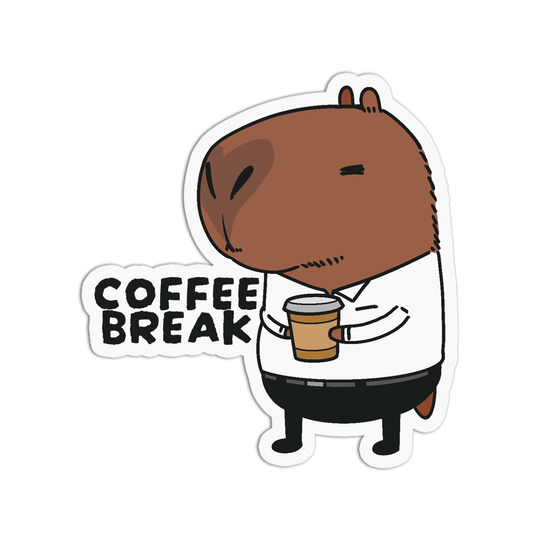 A die-cut sticker featuring a cartoon capybara wearing a white collared shirt and black pants, holding a coffee cup, with the words 'COFFEE BREAK' in bold black letters on the left, shown on a plain white background.