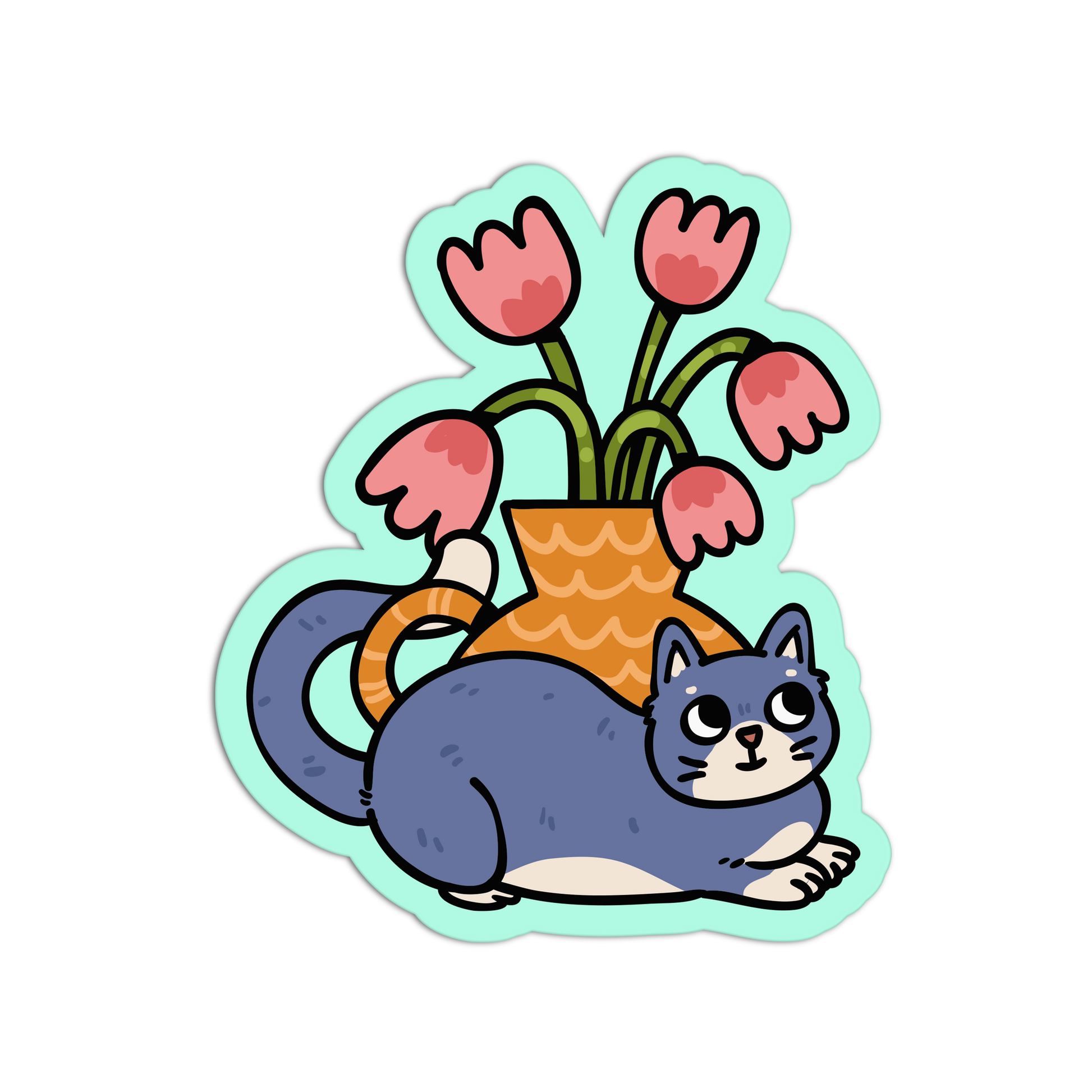 Sticker of a cat lying next to a vase with pink flowers on a light blue background