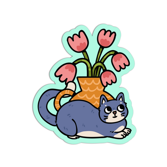 Sticker of a cat lying next to a vase with pink flowers on a light blue background