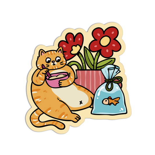 Cartoon cat with flowers and a fish bag on a white background