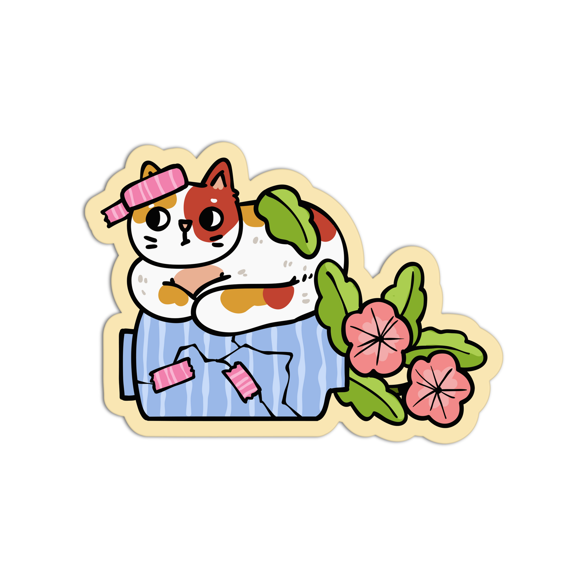 Cartoon cat character with a headband, flowers, and a blue outfit on a white background