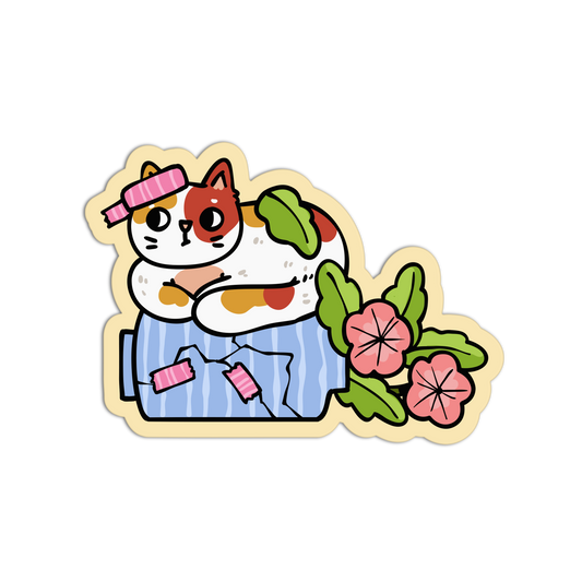 Cartoon cat character with a headband, flowers, and a blue outfit on a white background