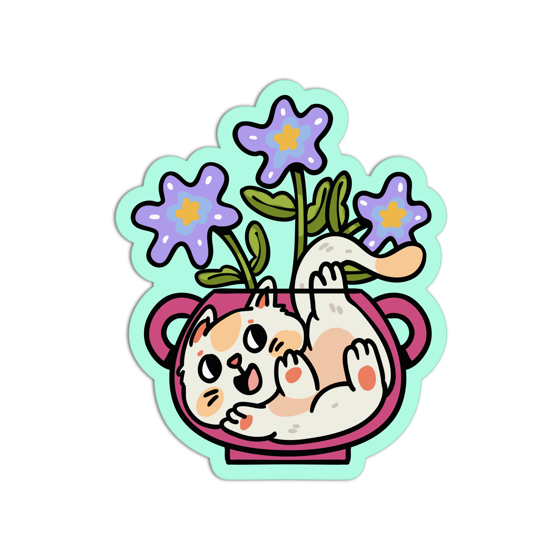 Sticker of a cat holding flowers in a teacup on a white background