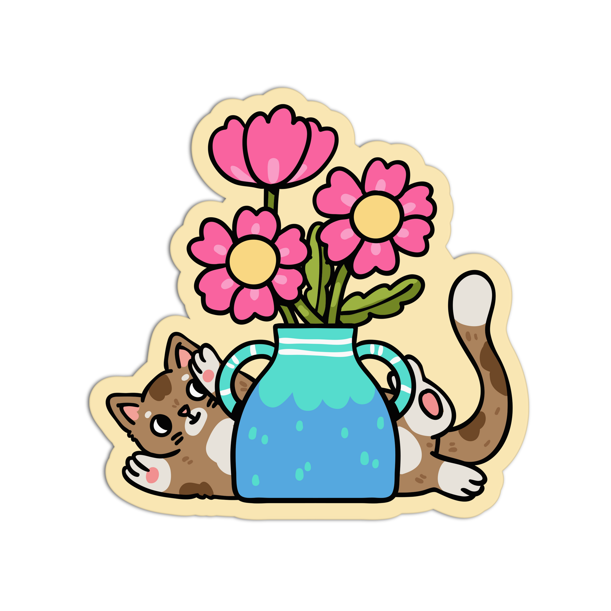 Cartoon cat with a blue vase and pink flowers on a white background