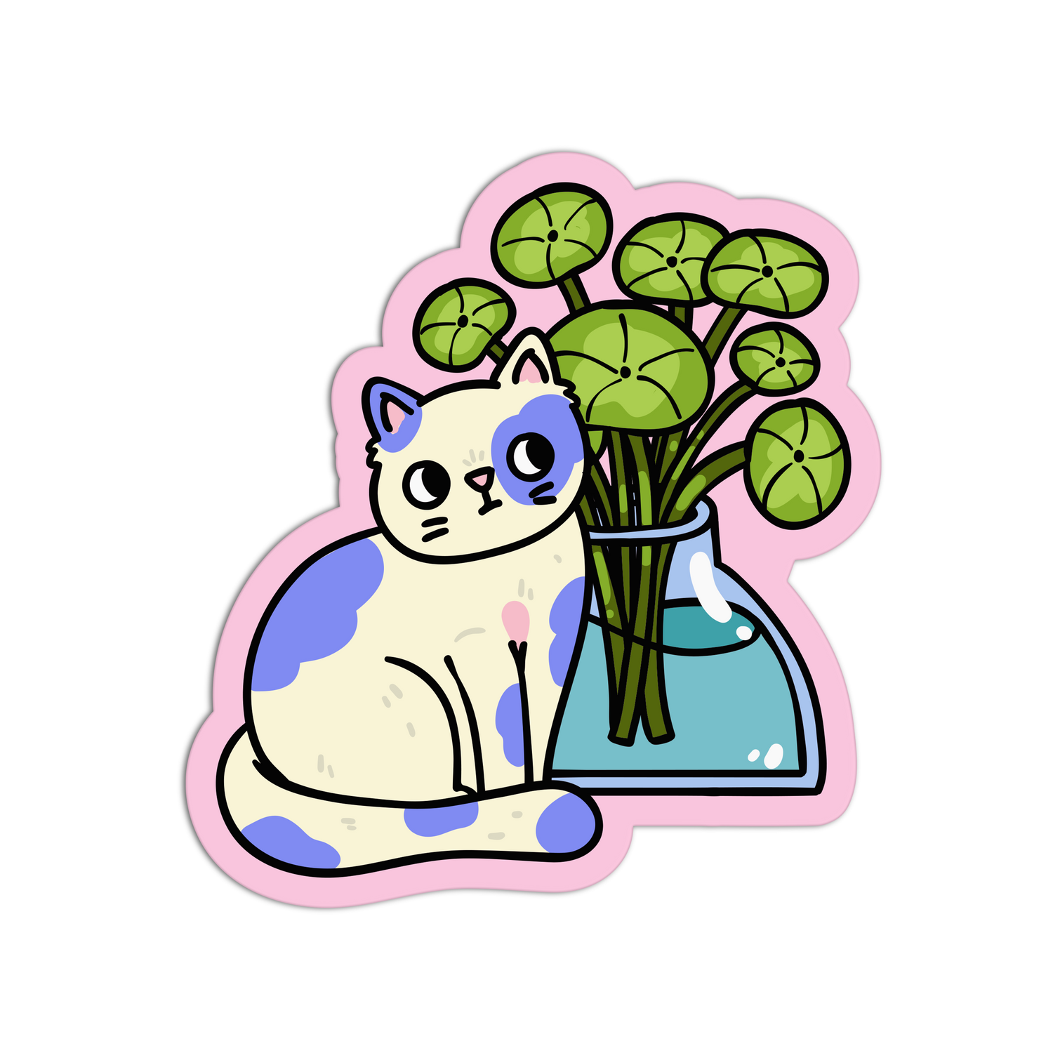 Sticker of a cat with a plant inside a glass vase on a white background