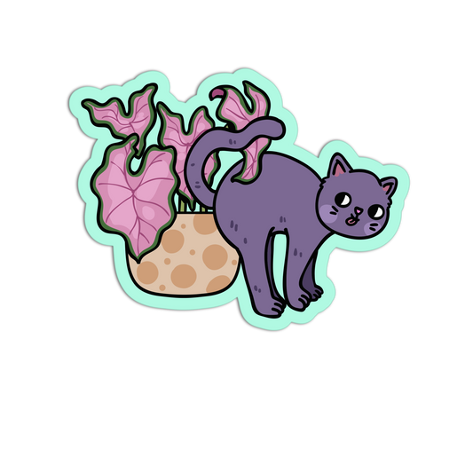 Sticker of a purple cat with pink leaves on a white background