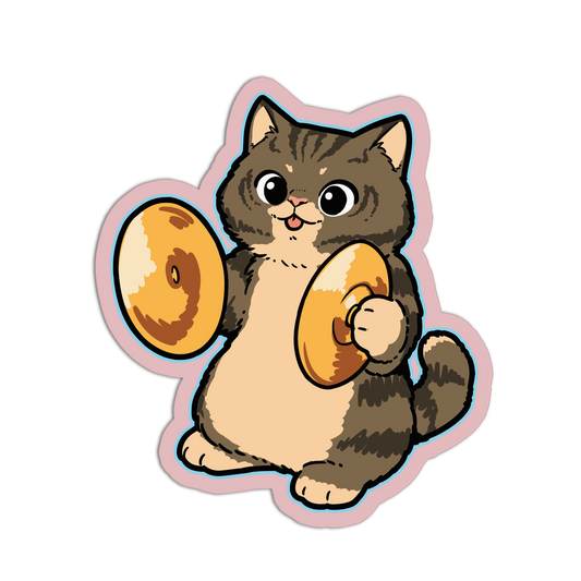 Cartoon cat holding two pancakes on a white background