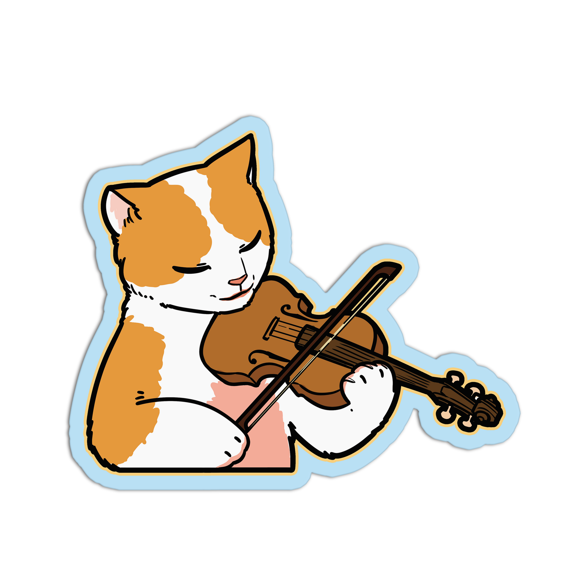 Cartoon cat playing a violin on a white background