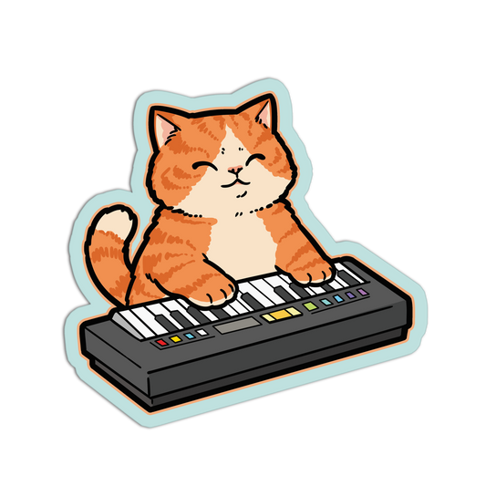 Cartoon cat playing a keyboard on a white background