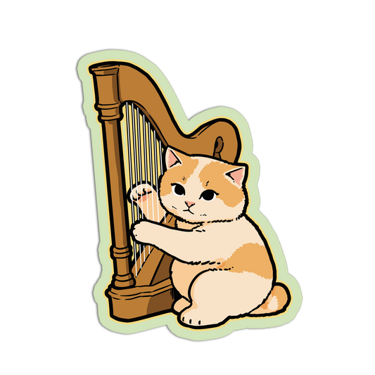 Illustration of a cat playing a harp on a white background