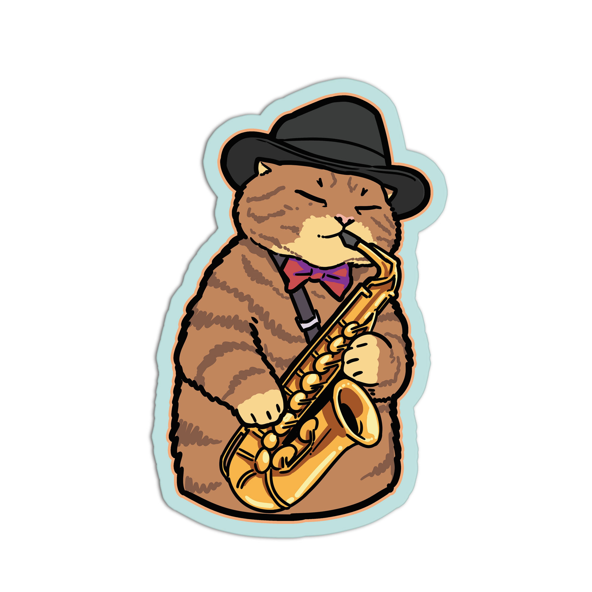 Cartoon cat playing a saxophone with a bow tie and hat on a white background