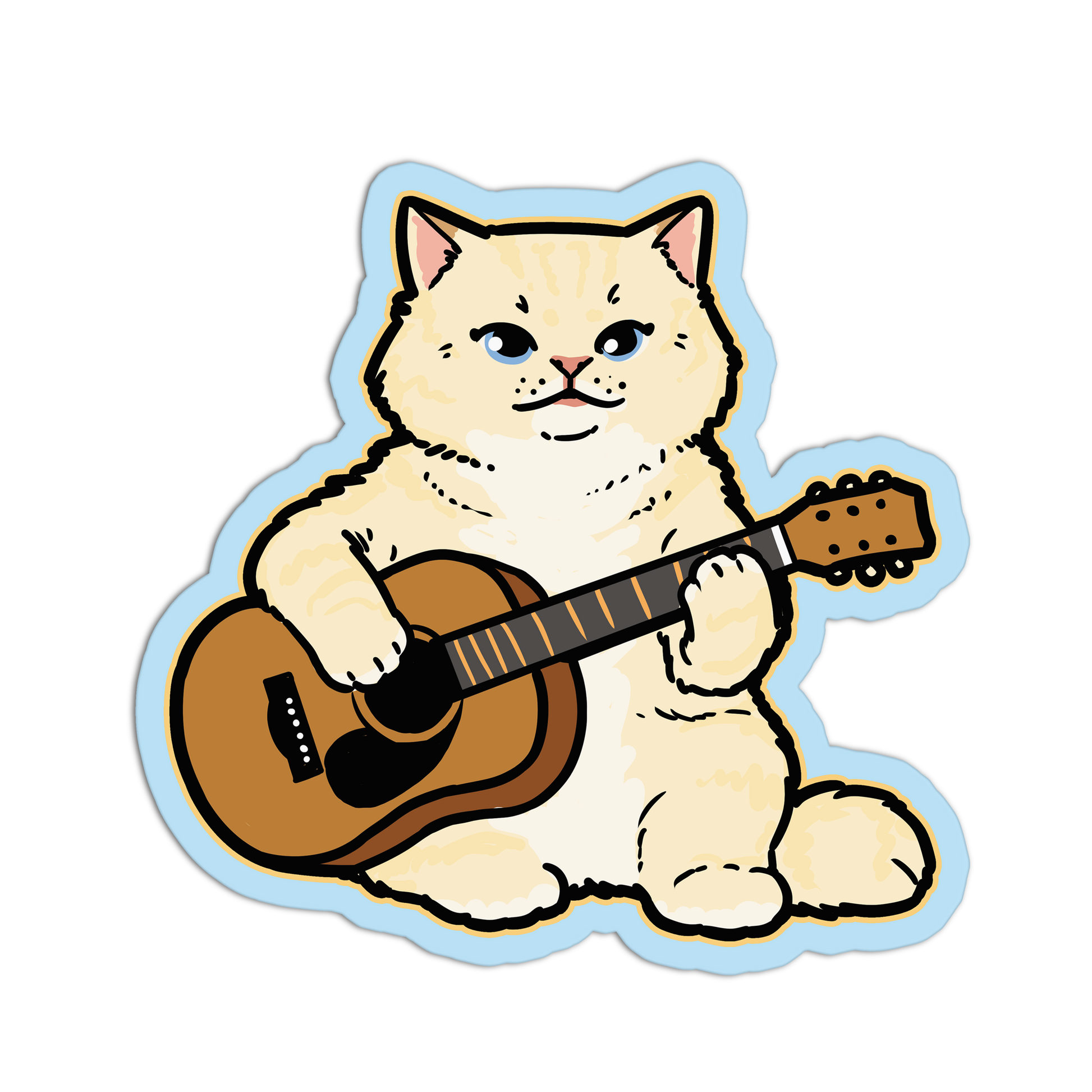 Cartoon cat playing an acoustic guitar on a white background
