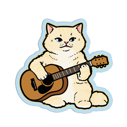 Cartoon cat playing an acoustic guitar on a white background