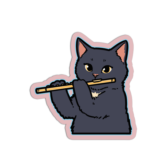 Sticker of a cat playing a flute on a white background