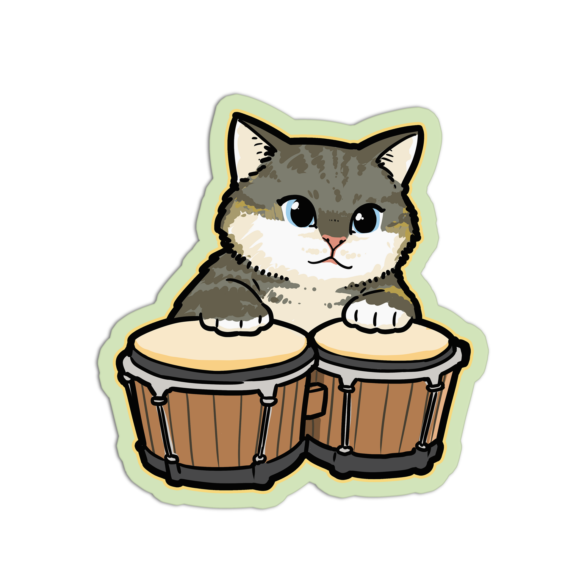 Cartoon cat playing bongo drums on a white background
