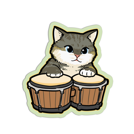 Cartoon cat playing bongo drums on a white background