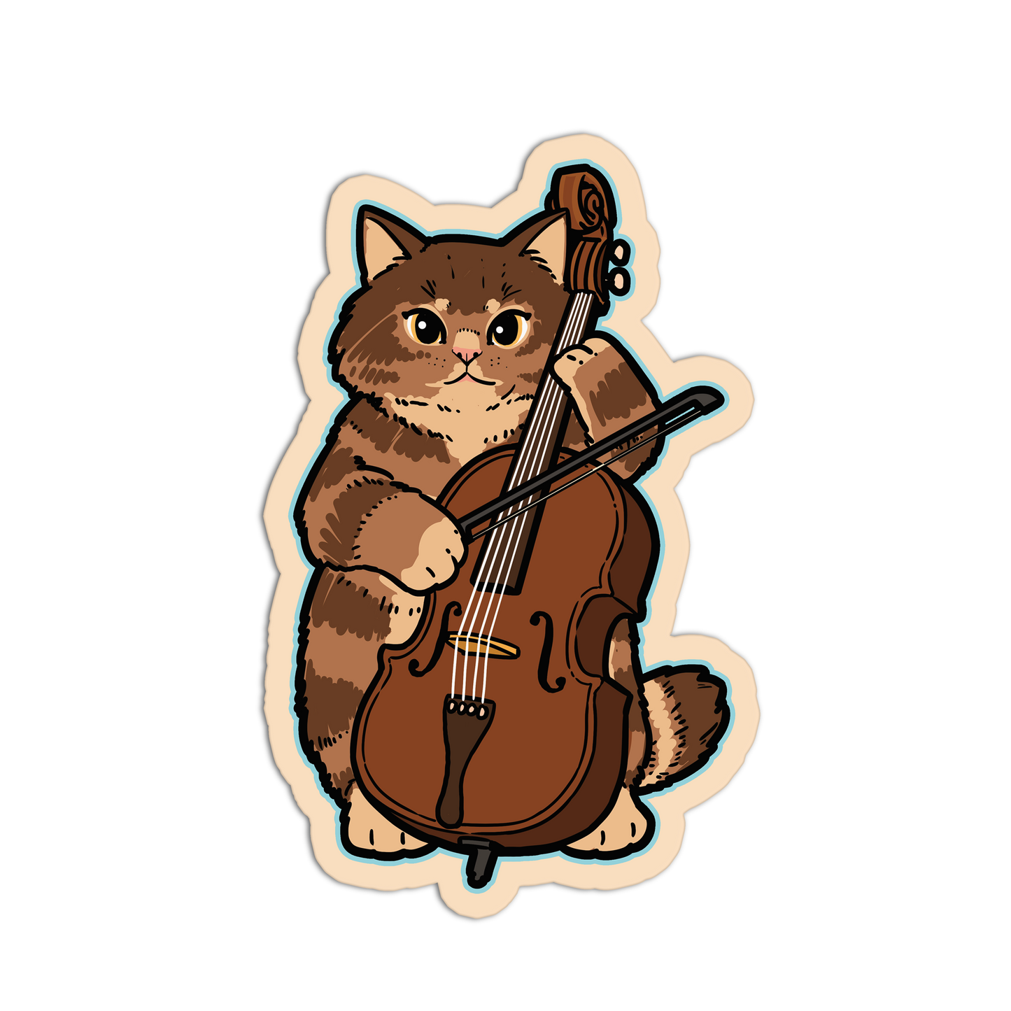 Sticker of a cat playing a cello on a white background