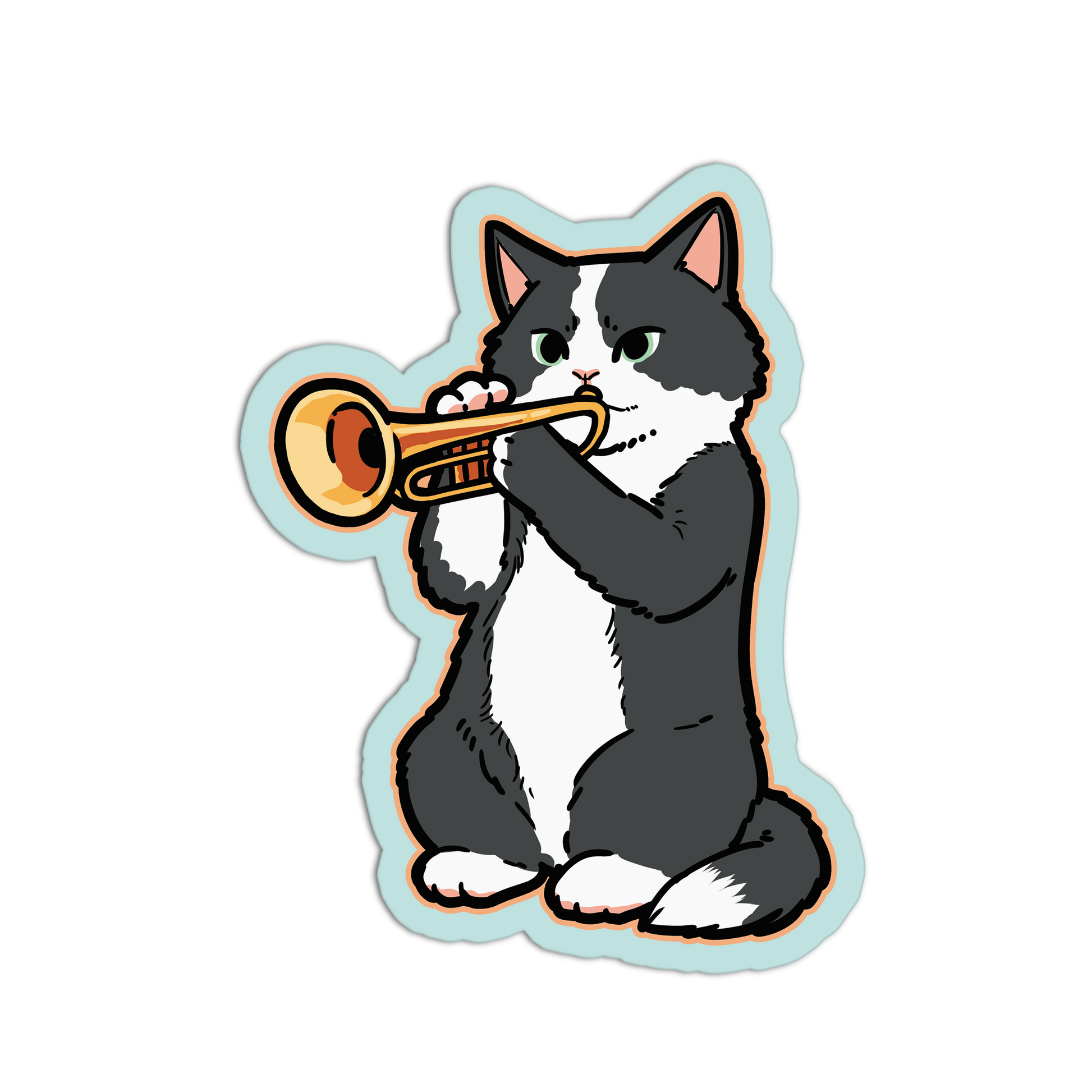 Cartoon cat playing a trumpet on a white background