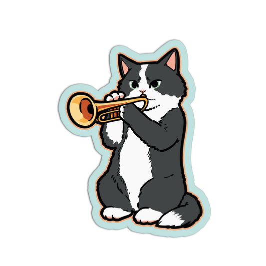 Cartoon cat playing a trumpet on a white background