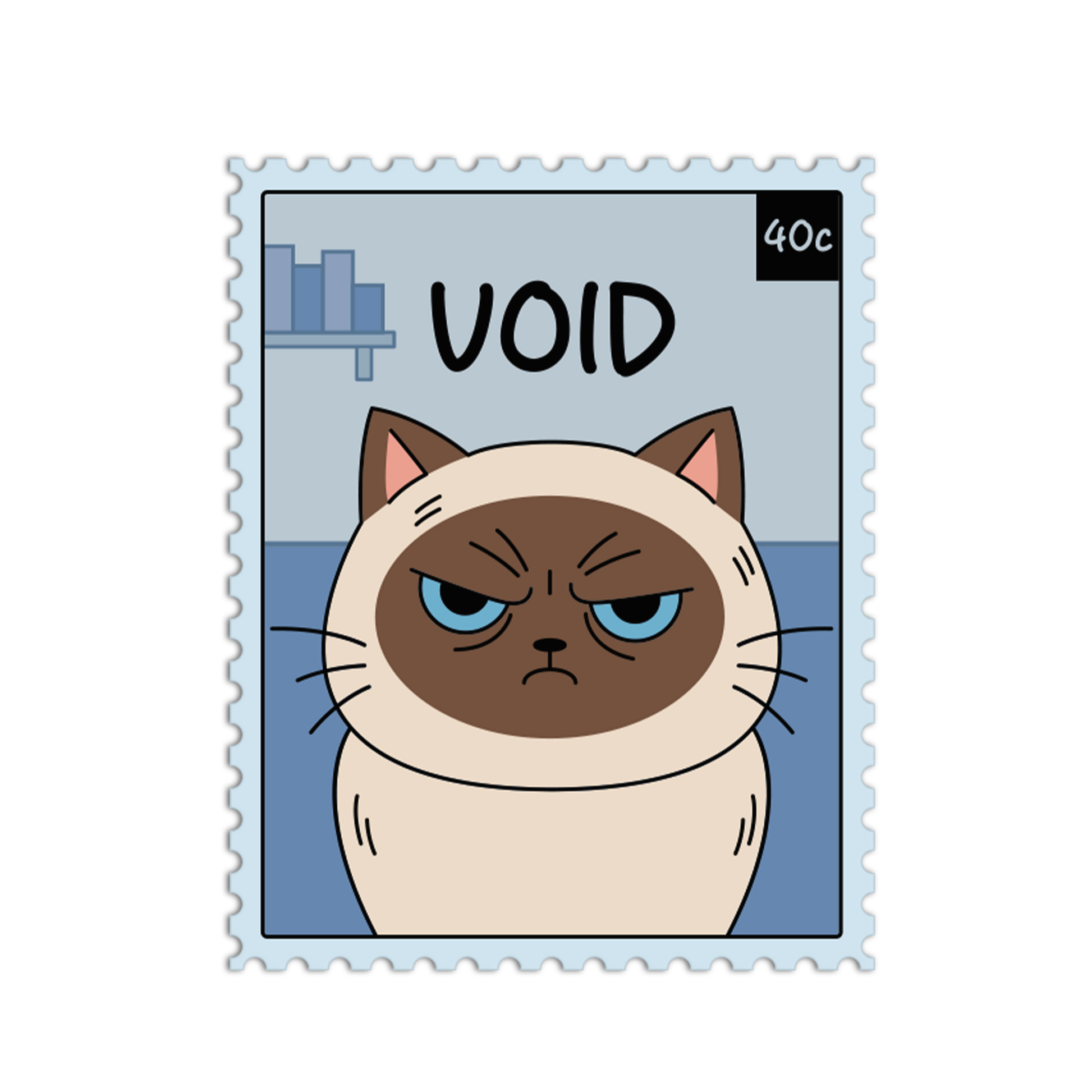 Cartoon cat on a postage stamp with 'VOID' text