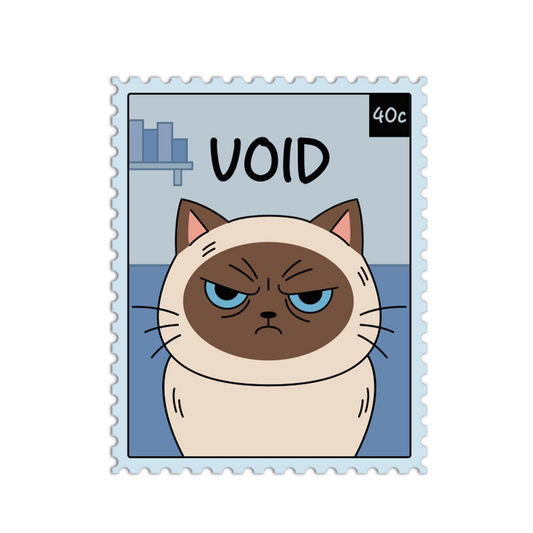 Cartoon cat on a postage stamp with 'VOID' text