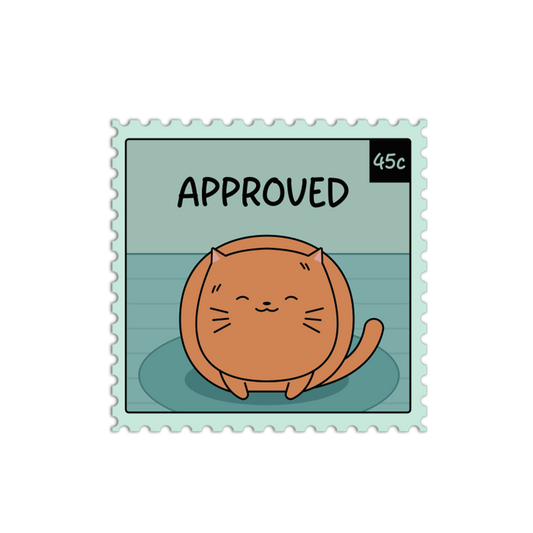 Illustration of a cat on a postage stamp with 'APPROVED' text