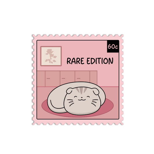 Cartoon cat on a pink stamp with 'Rare Edition' text