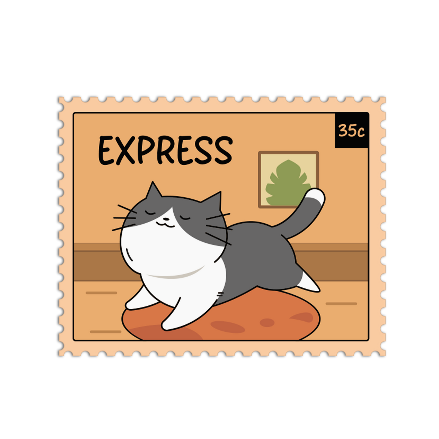 Cartoon cat on a postage stamp with 'EXPRESS' and '35c' text