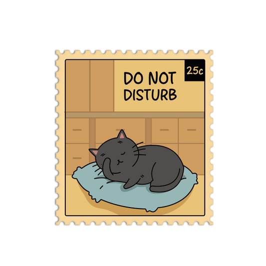 Illustration of a cat on a pillow with 'Do Not Disturb' sign on a postage stamp-style background