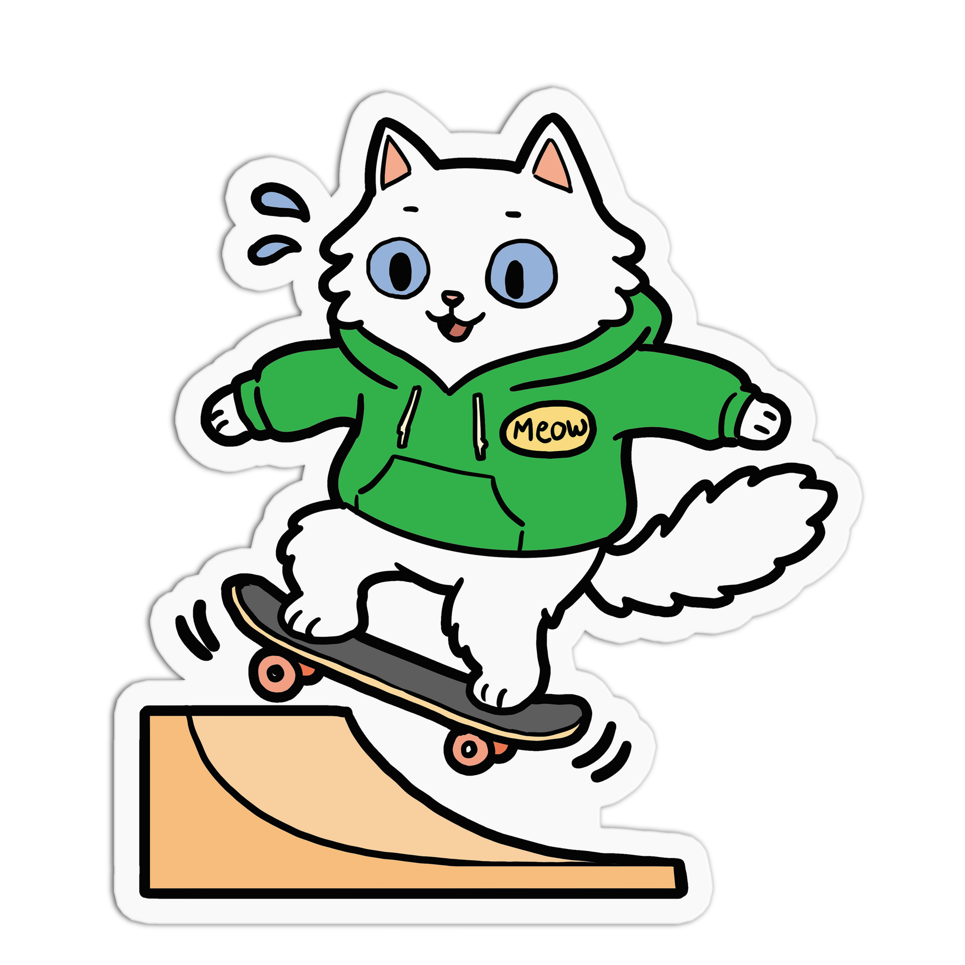 Cartoon cat in a green jacket skateboarding on a ramp with 'Meow' on the jacket.