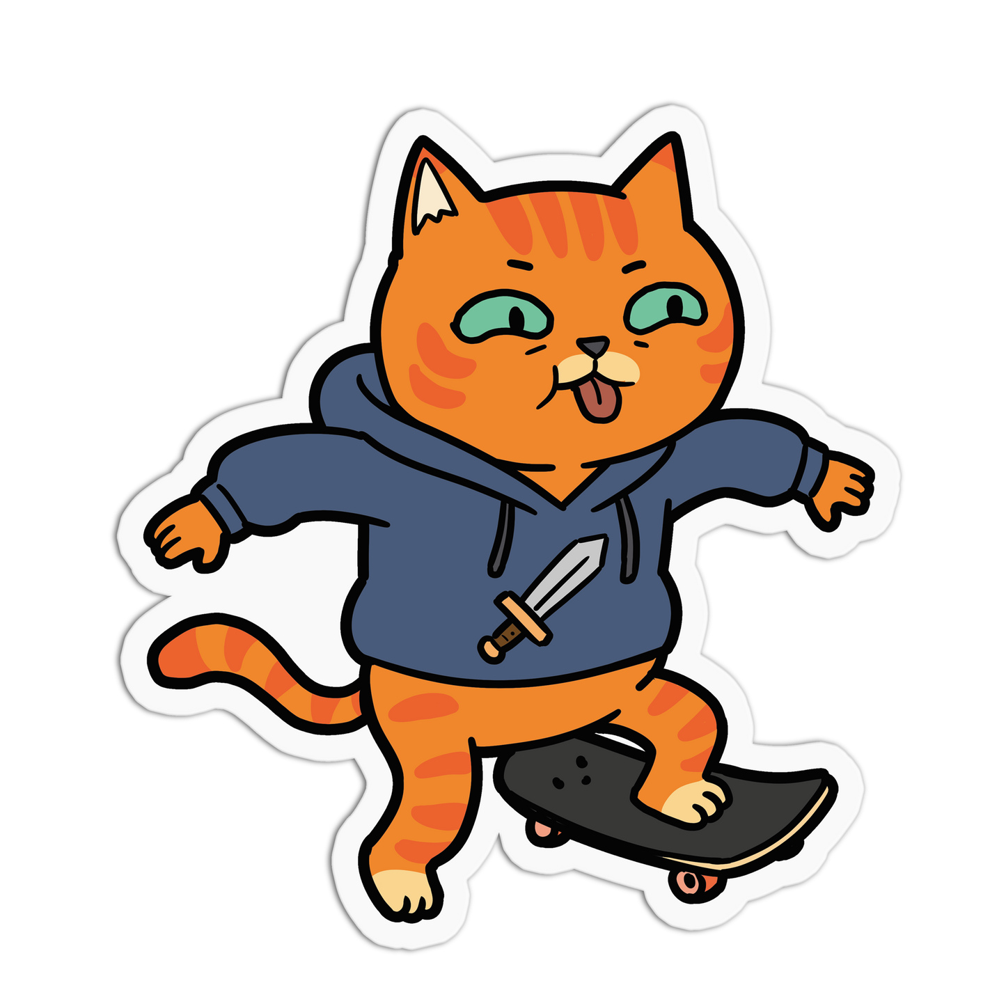 Cartoon cat in a hoodie with a sword on a skateboard