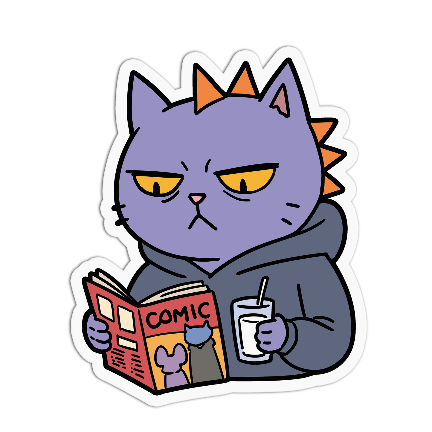Cartoon cat in a hoodie reading a comic book and holding a drink with a straw on a white background.