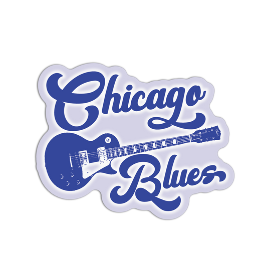 Sticker with blue guitar and 'Chicago Blues' text on a white background