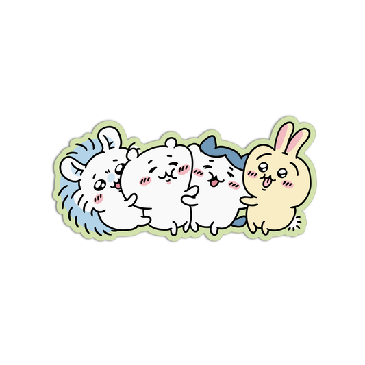 A die-cut sticker featuring four cute cartoon animals hugging: a blue hedgehog, a white bear, a blue-and-white rabbit, and a pale yellow bunny with pink ears. The characters have pink cheeks and are outlined in black, with a light green border around the sticker.
