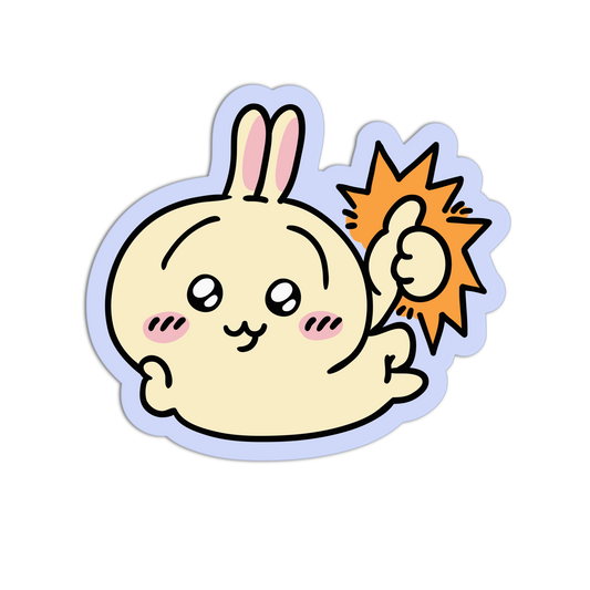 A cartoon bunny sticker or decal with a pale cream body, pink inner ears and cheeks, black outlines, and a small orange burst behind its raised hand, shown on a plain white background.
