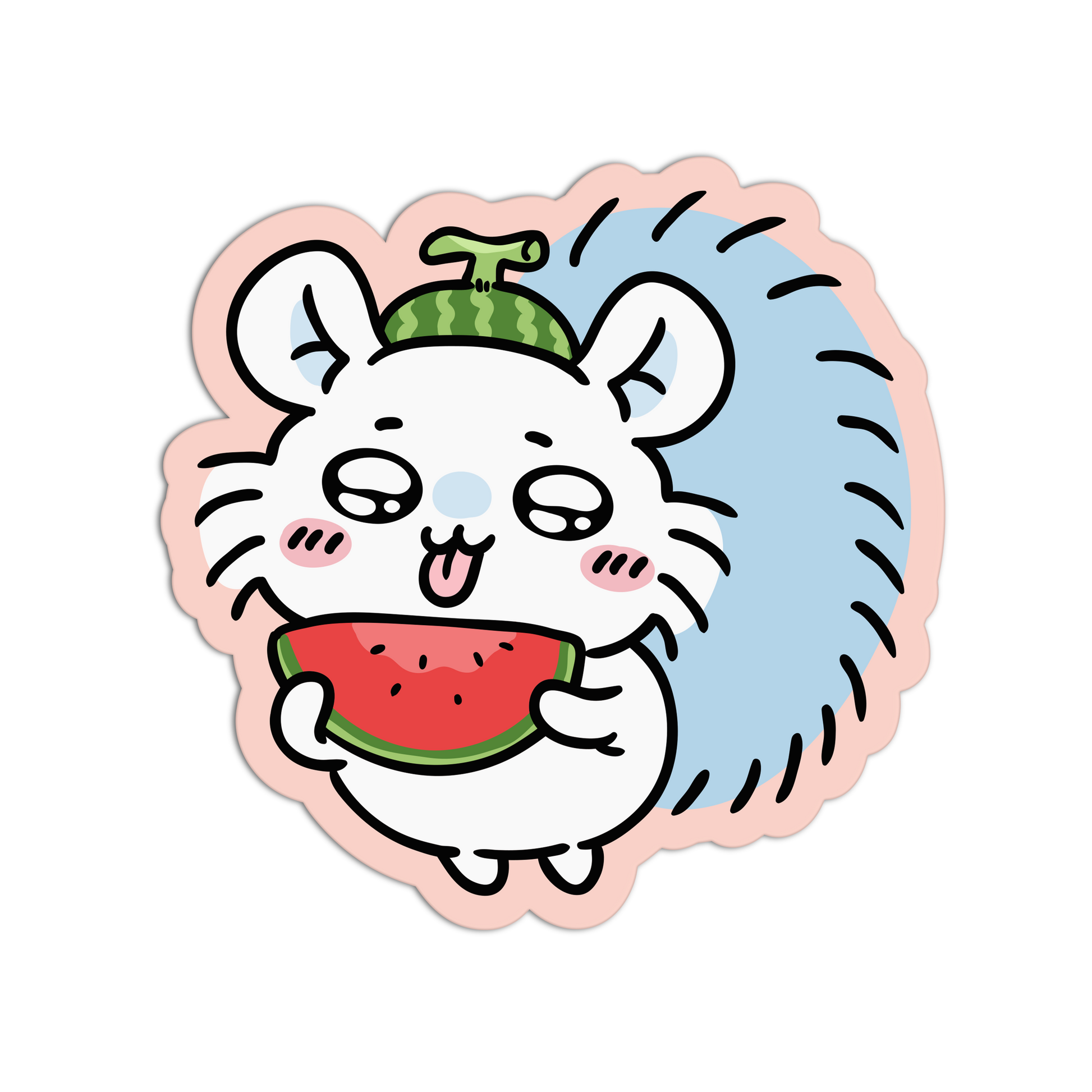A die-cut cartoon sticker of a white hamster holding a slice of watermelon, with a green watermelon crown on its head and a pink outer border, shown on a plain white background.