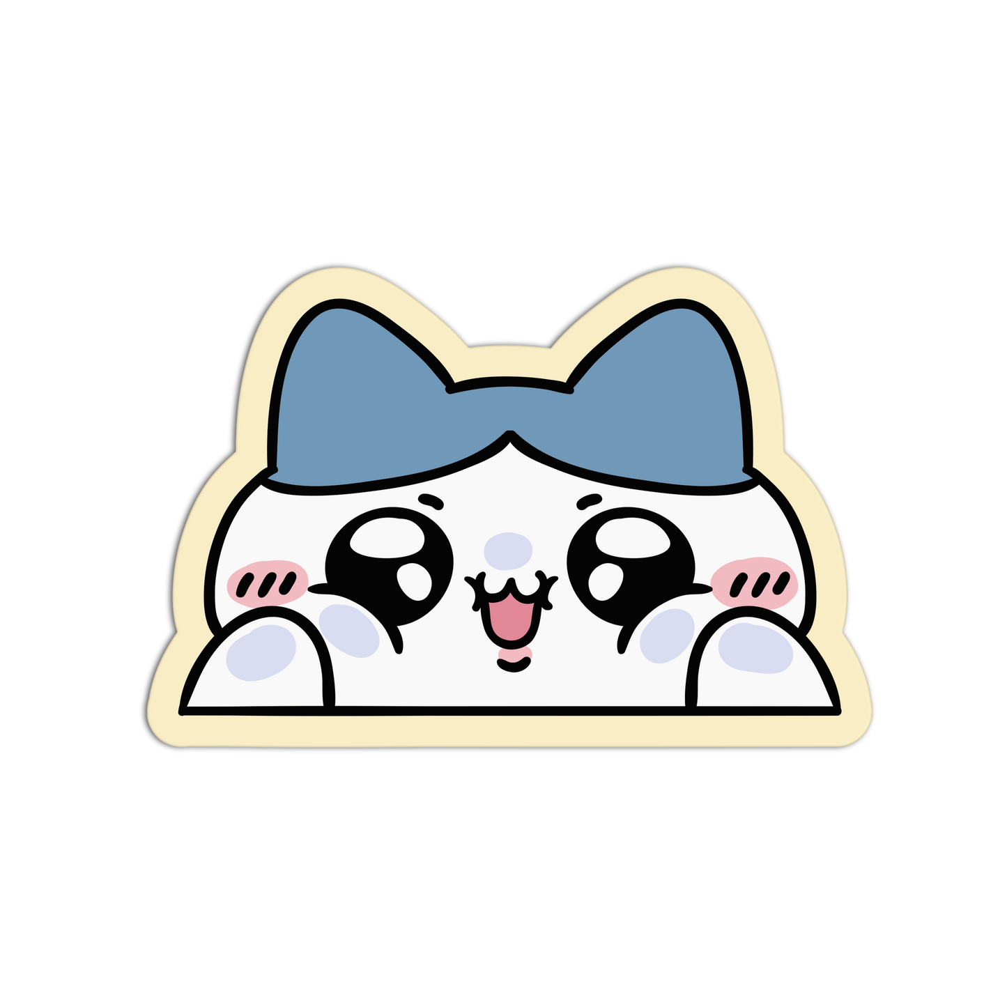 A cute cartoon cat face sticker or decal with a blue bow, large black eyes, pink cheeks, and a cream border on a plain white background.