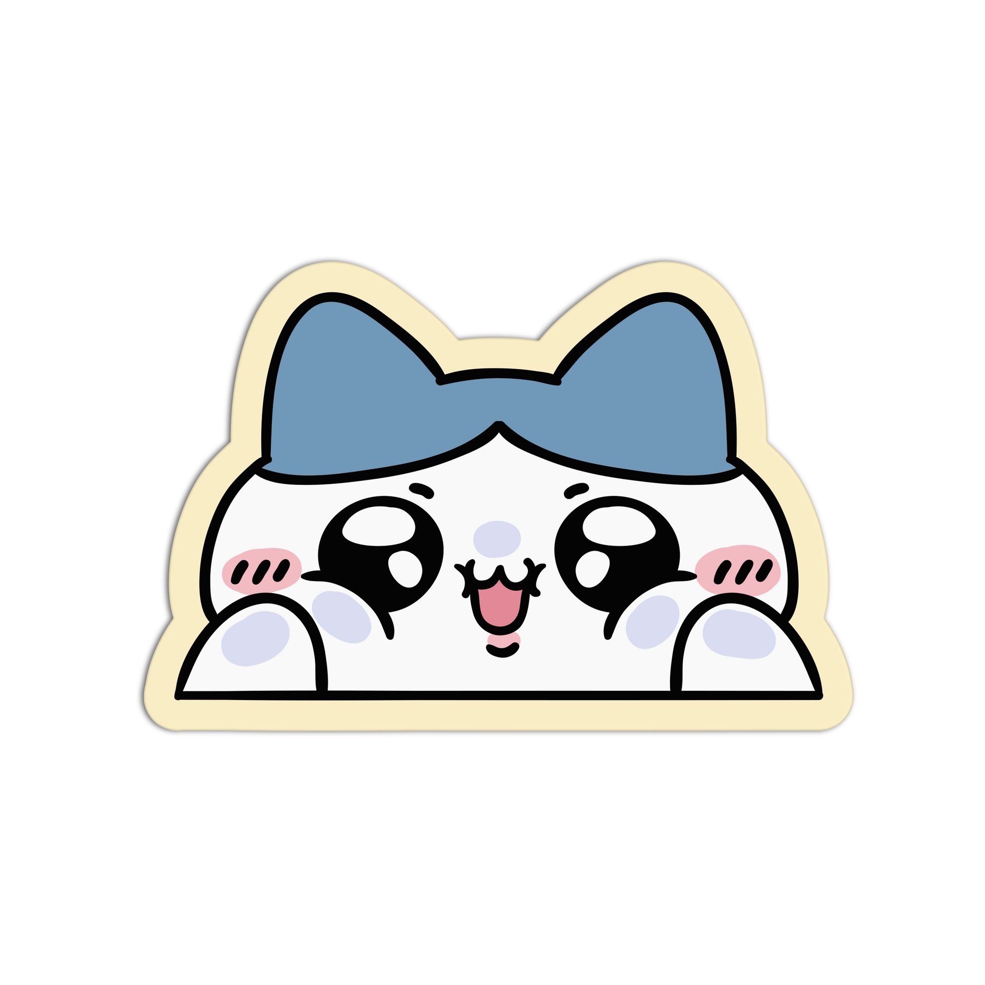 A cute cartoon cat face sticker or decal with a blue bow, large black eyes, pink cheeks, and a cream border on a plain white background.